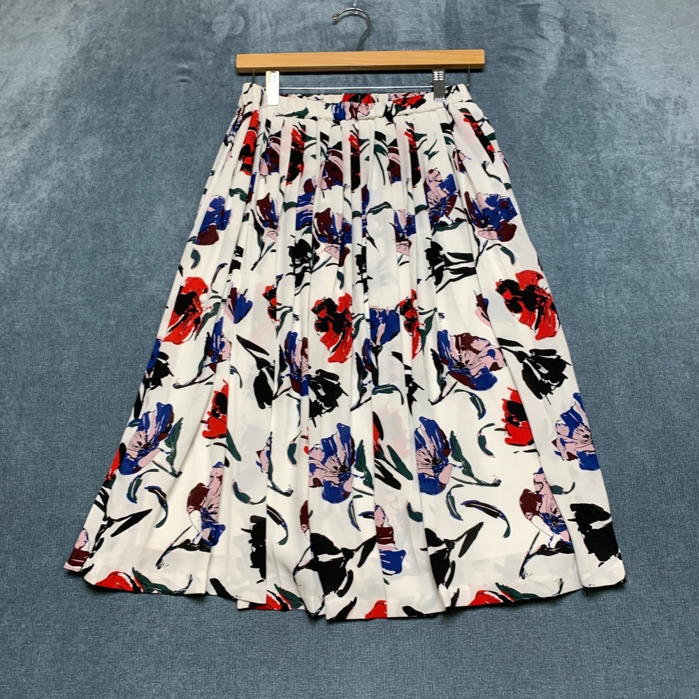 Banana Republic Midi Skirt Womens XS White Floral Pleated Elastic Waist Party